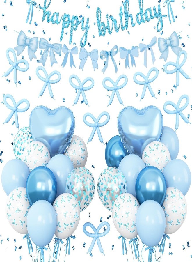 Vibzox Blue Bow Birthday Decorations,Bow Coquette Party Decorations with Blue Happy Birthday Banner Bow Balloons Heart Foil Balloons for Girls Women Baby Shower Bow Theme Decor - Image 1
